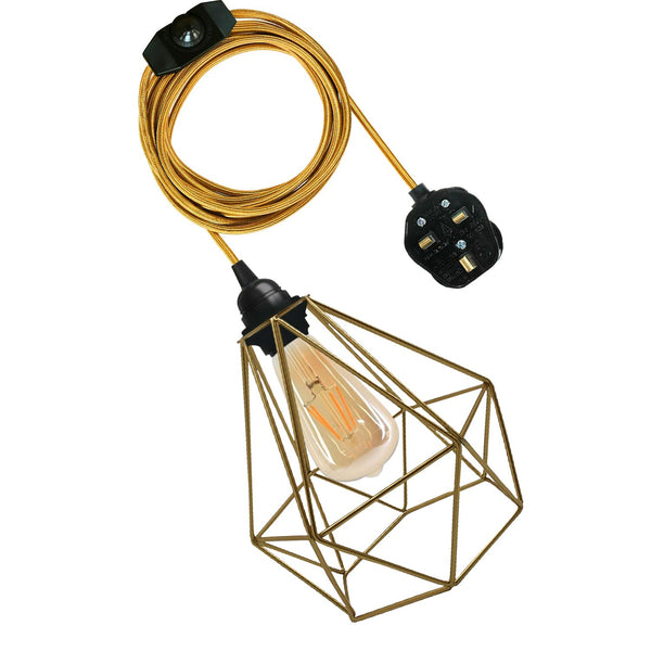Vintage stoffen flexkabel plug-in hanglamp E27 fitting ~ 3395 – Goud / Ja