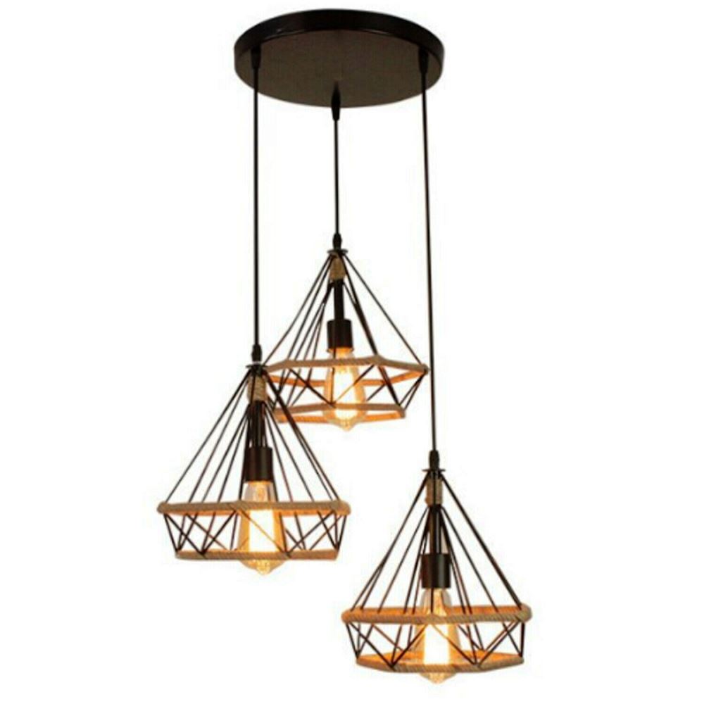 Industrial Retro Black Hemp Loft 3 Cluster Pendant Light