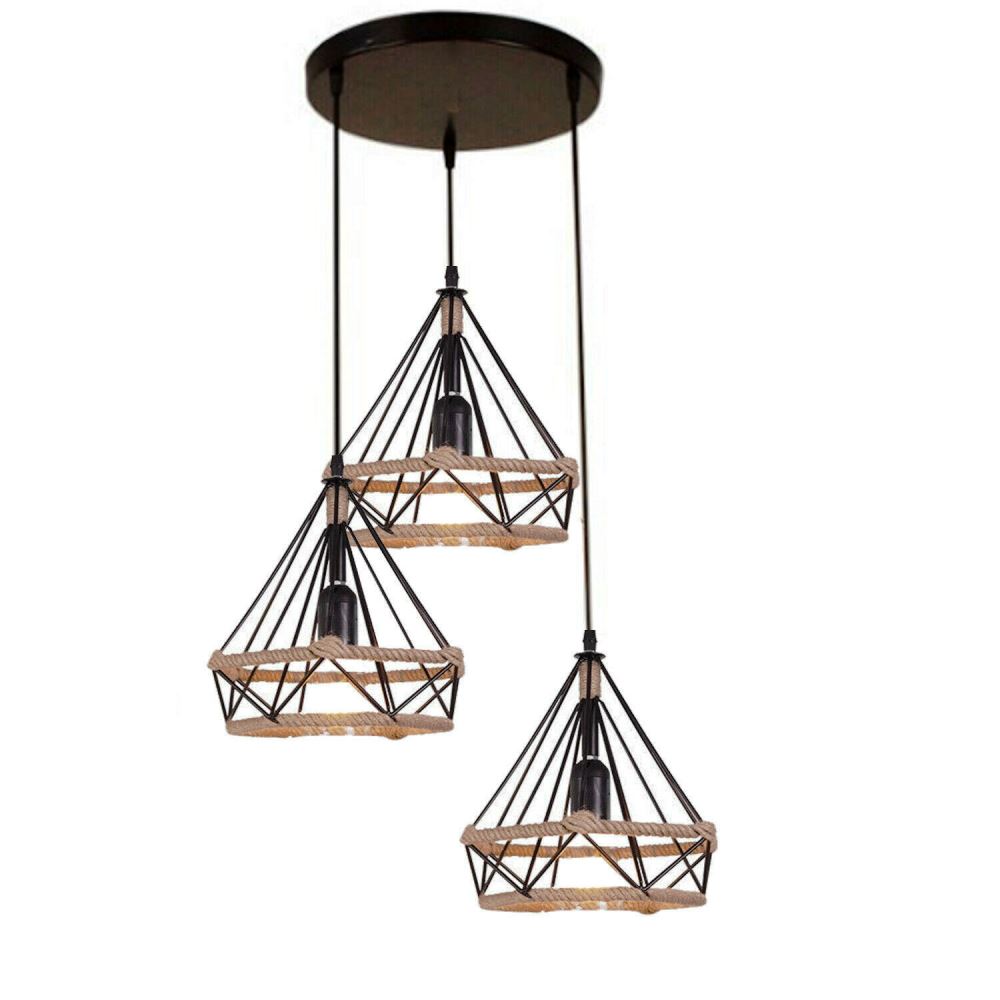Industrial Retro Black Hemp Loft 3 Cluster Pendant Light