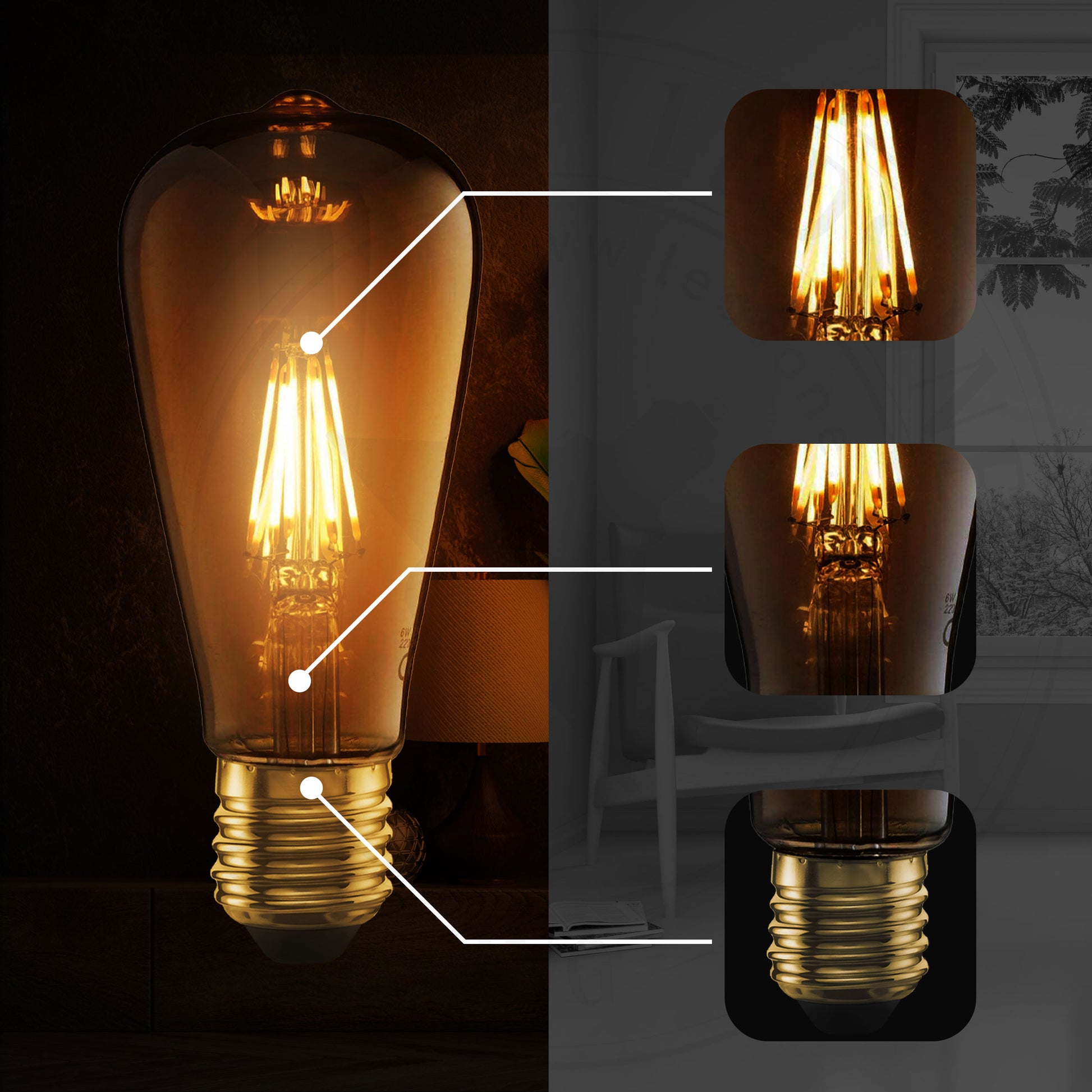 E27 Dimmable ST64 Classic LED Filament Bulb 6W