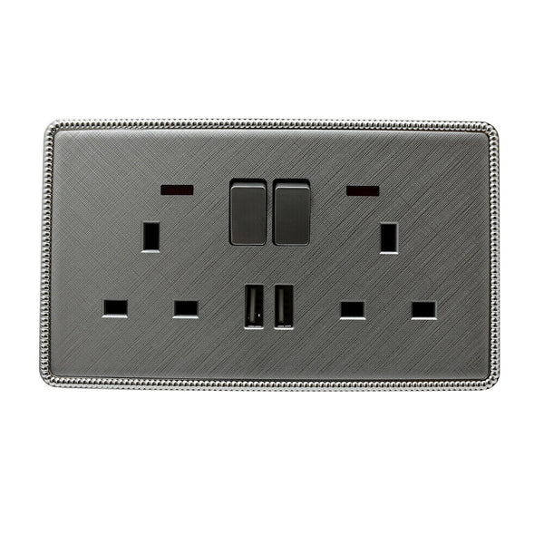 Geborsteld chromen schroefloze lichtschakelaars en stopcontacten~2454  – 2-voudige stopcontact met USB