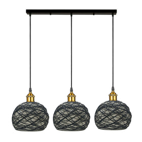 Kroonluchter met 3 koppen in de vorm van een bol van riet, retro hanglamp met kap~3552