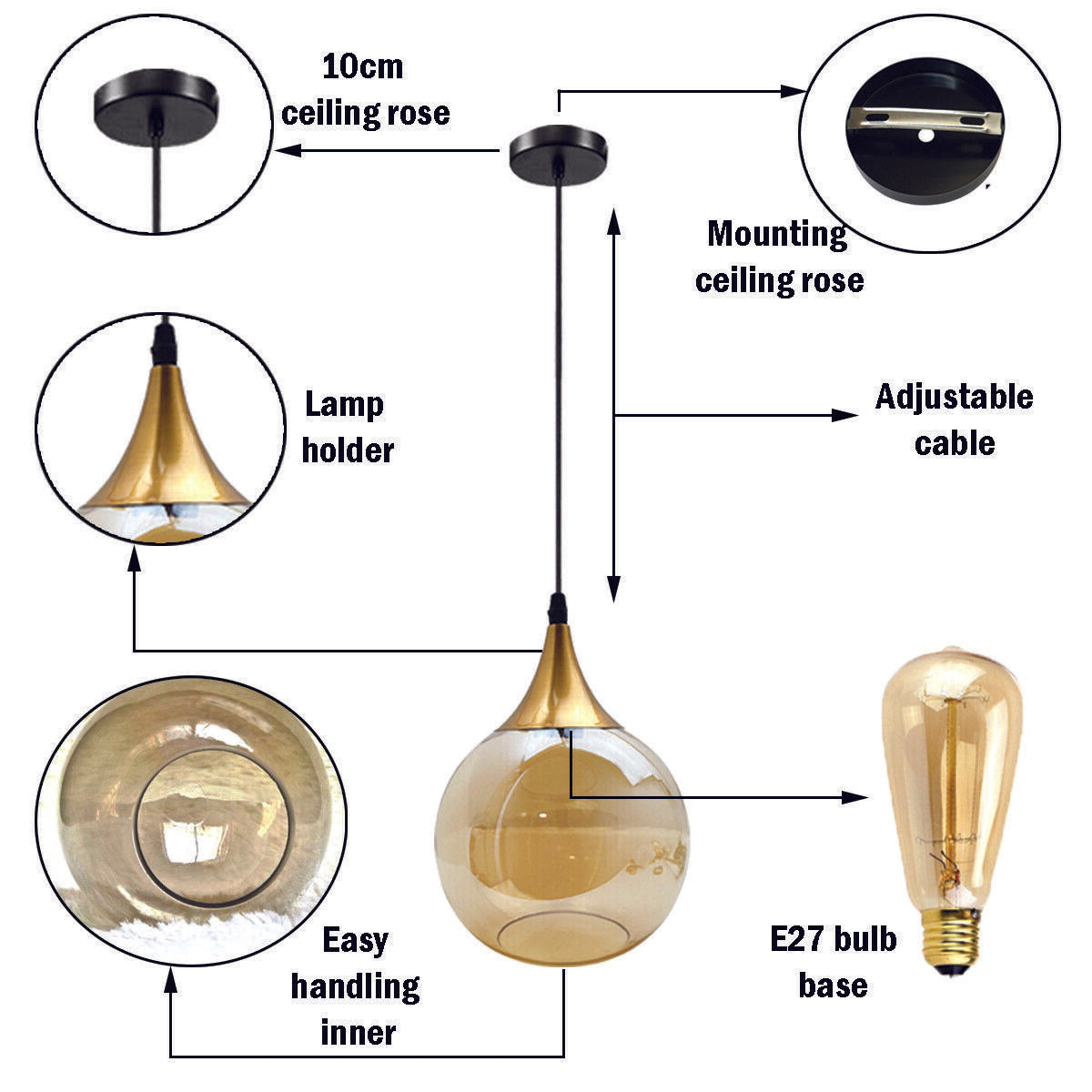 Globe glass lampshade Replacement indoor amber vintage ceiling Pendant light~2593 - LEDSone UK Ltd