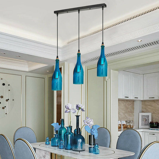 Industrial Ceiling Pendant Light 3 Head Blue Glass Lampshade~1916 - LEDSone UK Ltd
