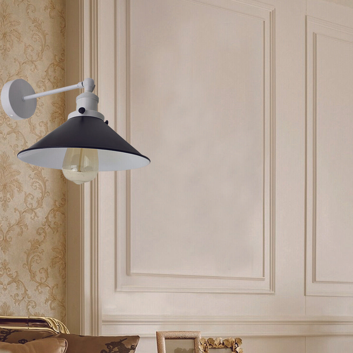 Modern black wall sconces with adjustable arms and white shades