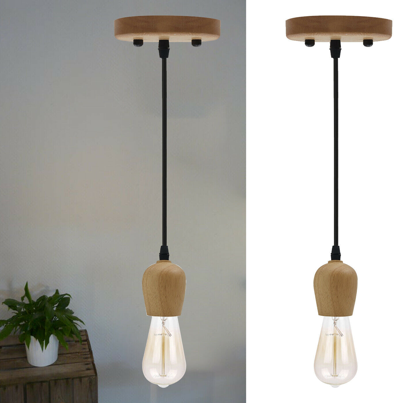 Industrial Wood E27 Screw Holder Ceiling Rose Pendant Light~2472 - LEDSone UK Ltd