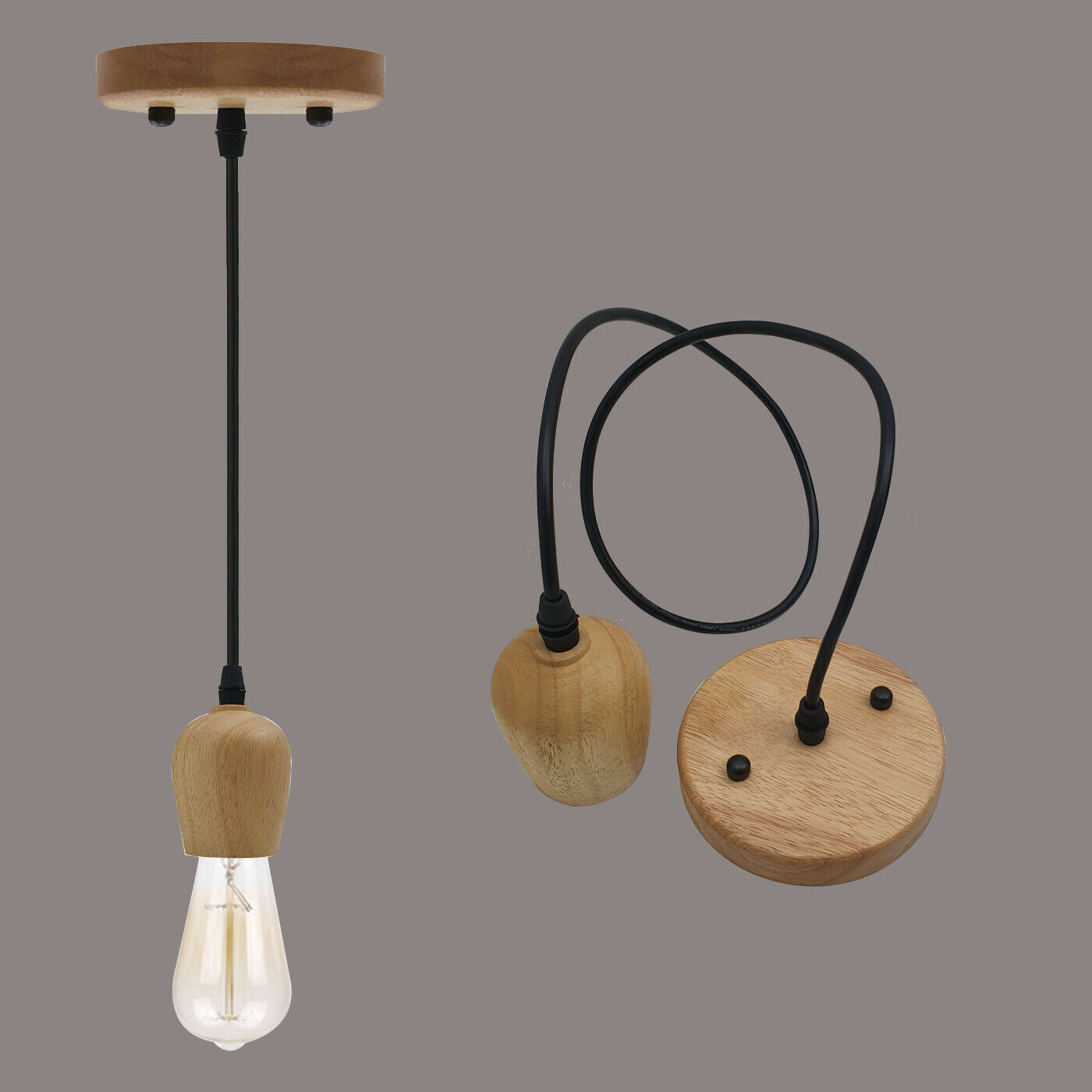 Industrial Wood E27 Screw Holder Ceiling Rose Pendant Light~2472 - LEDSone UK Ltd