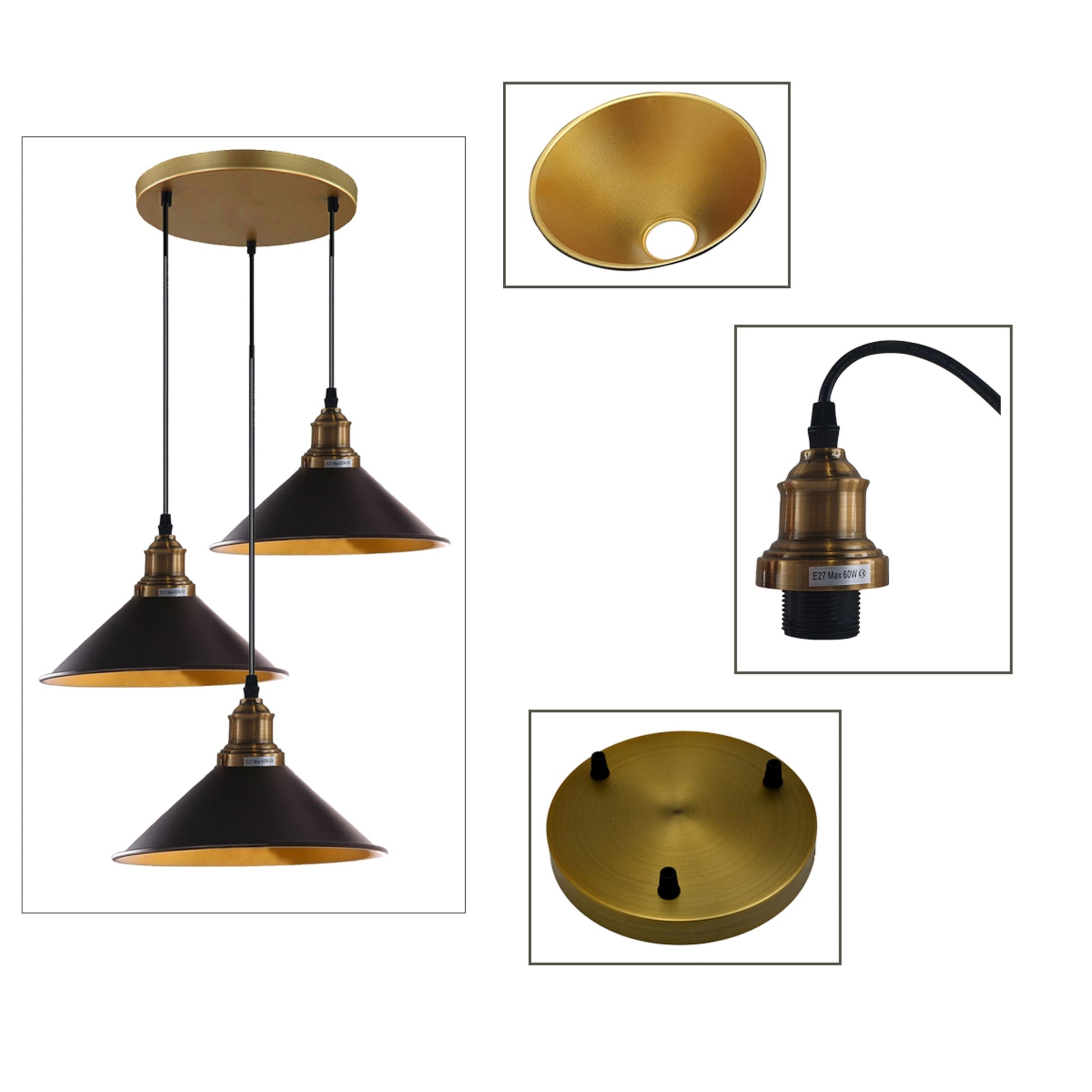 3 Lights Hanging Chandelier With Adjustable Cable With Black Shade~1518 - LEDSone UK Ltd