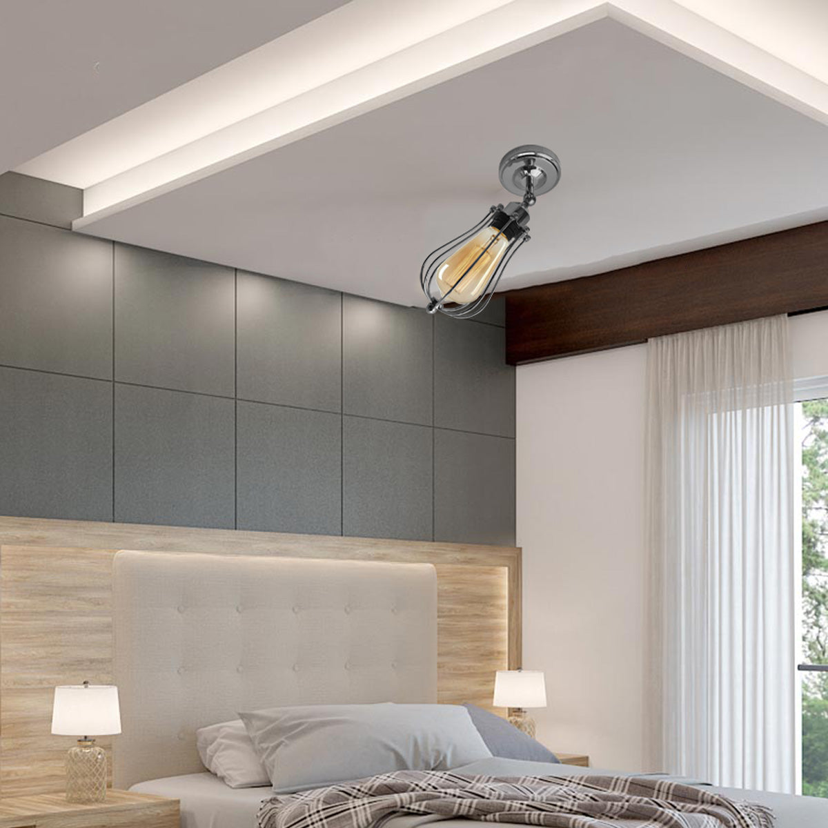 Modern Industrial Chrome Flex Arm Retro Light Cage Ceiling Fixtures E27~1594 - LEDSone UK Ltd