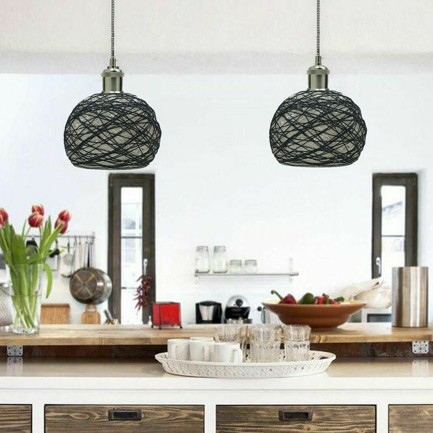 Natural Rattan Wicker Ceiling Pendant Light Lampshade Metal Pendant Lighting Kit - Ball Shape~1560 - LEDSone UK Ltd