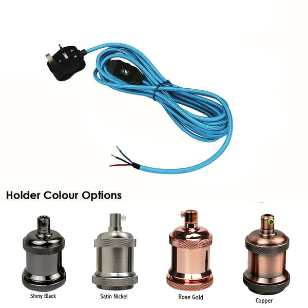 Dimmerschakelaar 2m stoffen flexkabel plug-in hanglamp met korte houder~1611 – Blauw / Zwart