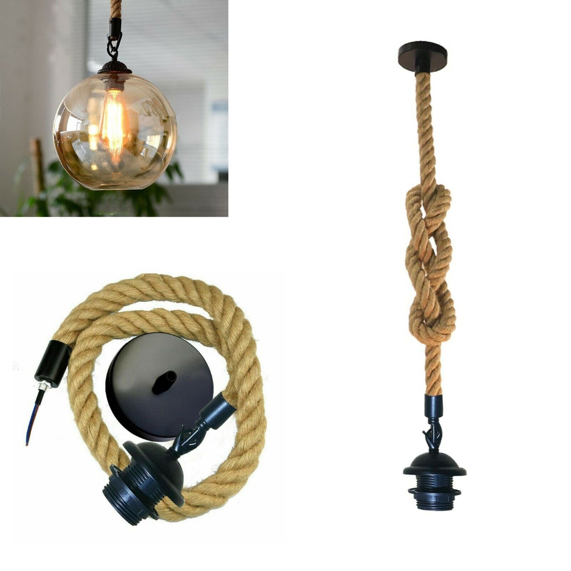 Retro Hemp Rope Iron Pendant Hanging set~2456 - LEDSone UK Ltd