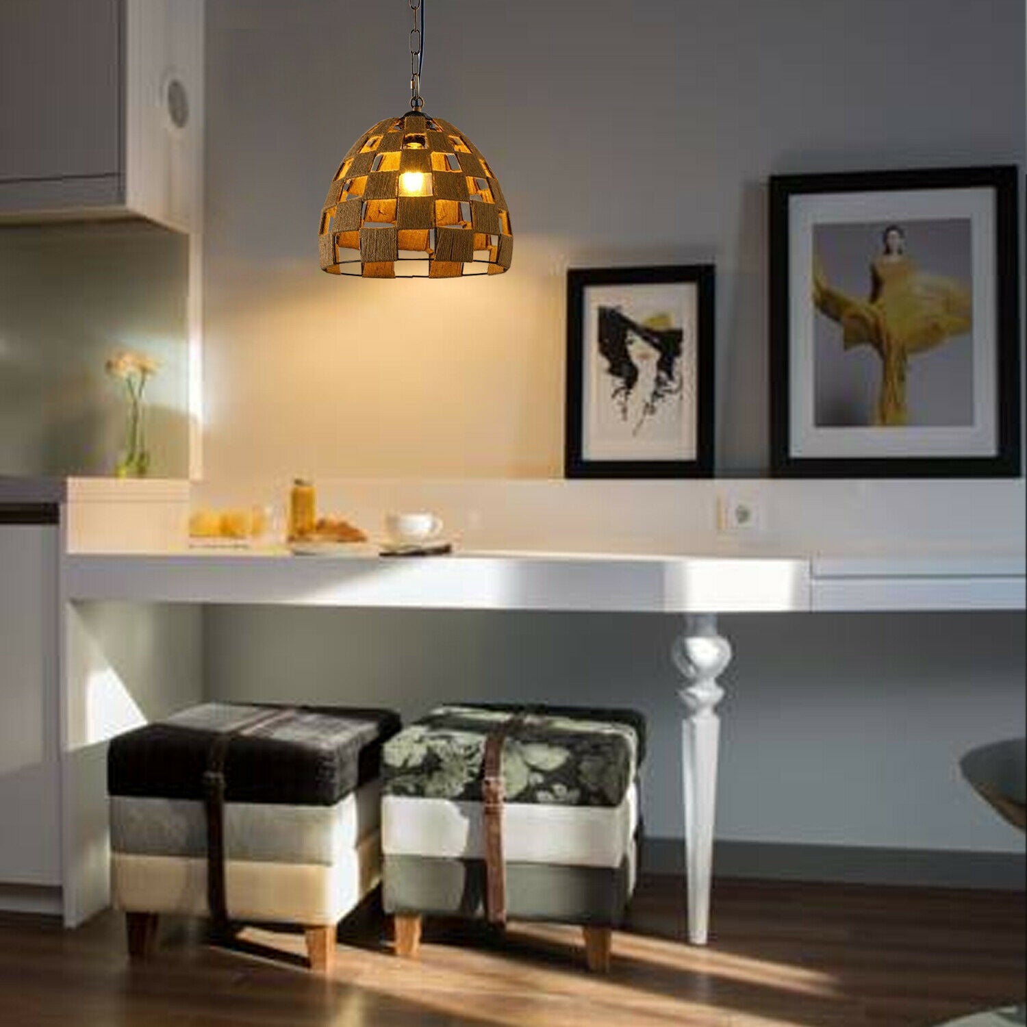 Dome Shape Ceiling Pendant Light Hemp Rope Hanging Light E27 Lamp Shade~1535 - LEDSone UK Ltd