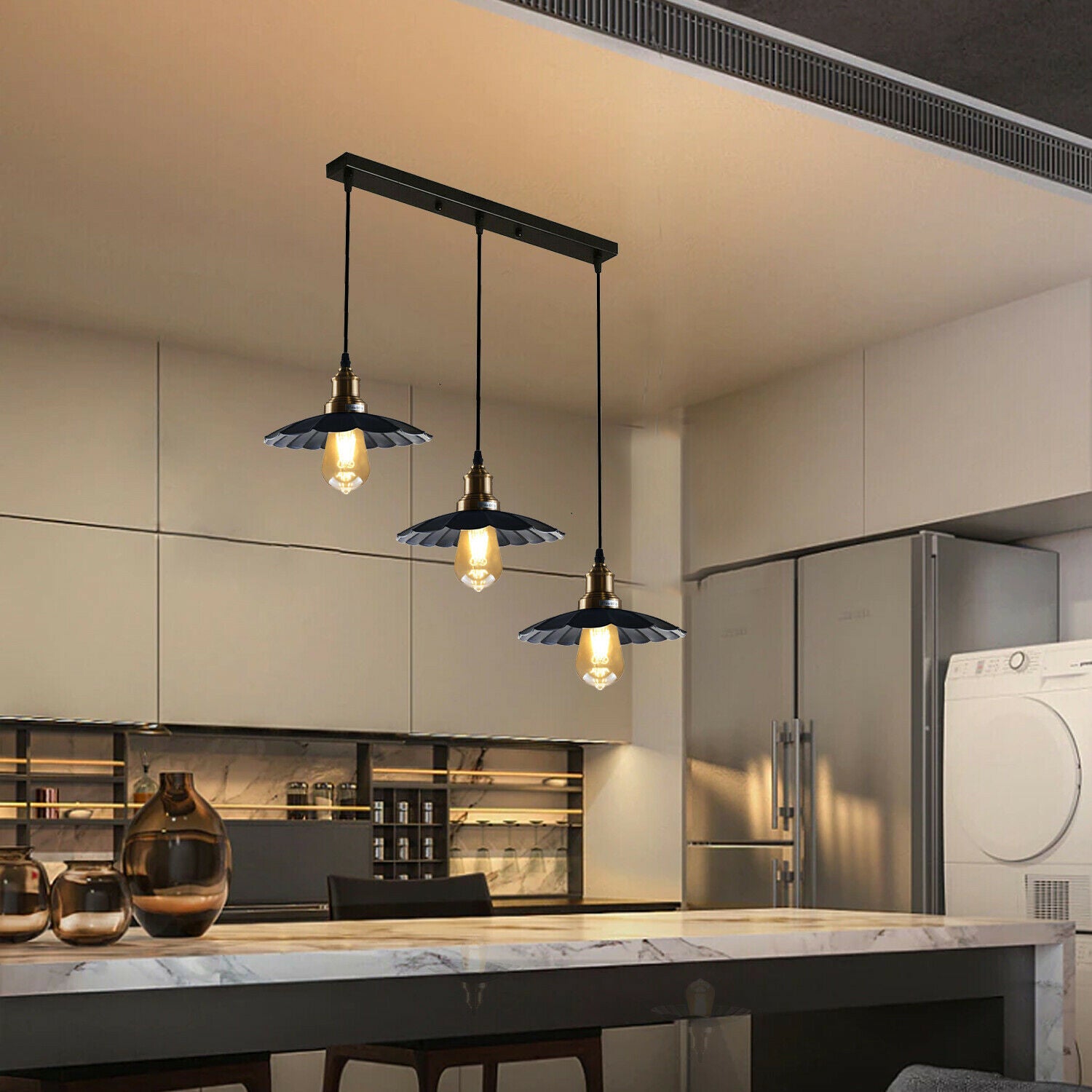 3 Head Rectangle Pendant Light Retro Black Lamp Shade Light~1487 - LEDSone UK Ltd