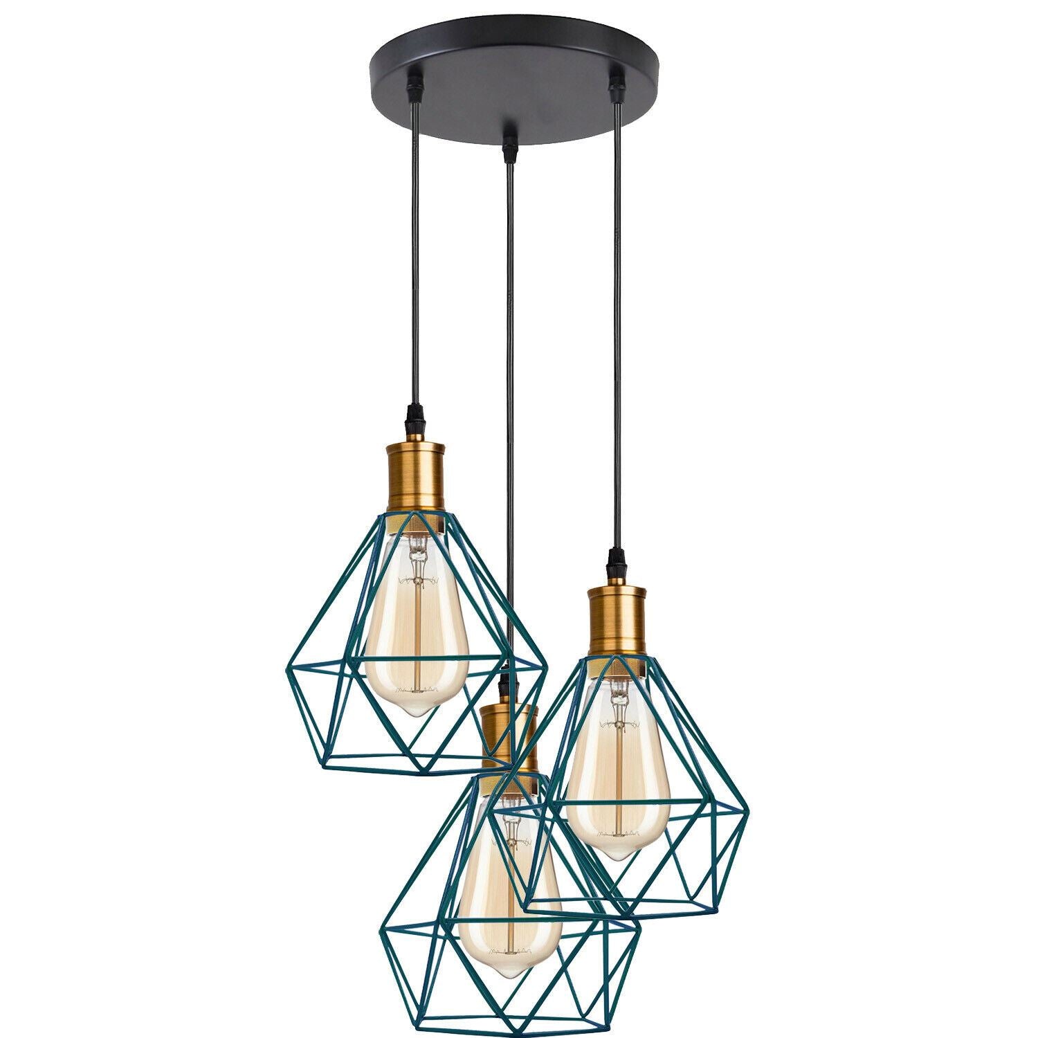 Industrial Retro style 3-Light Pendant lights Adjustable Cord with Diamond Metal Cages~1255 - LEDSone UK Ltd