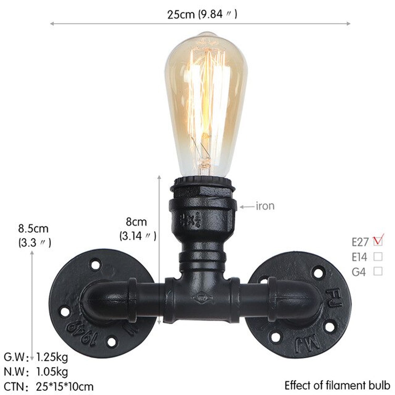 Vintage Industrial Sconce One Head Loft Rustic Water Pipe Wall Light 