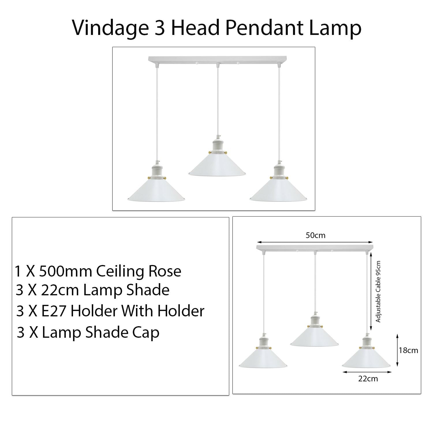 Vintage Industrial White 3 Way Hanging Pendant Light Indoor Ceiling Light Metal Cone Shape Shade~1004 - LEDSone UK Ltd
