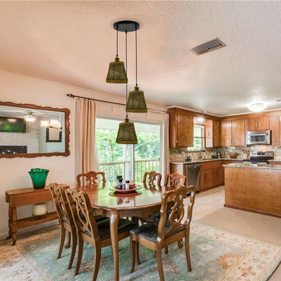 Industriële kroonluchter met rotanmotief en lichtbruine afwerking, 1416