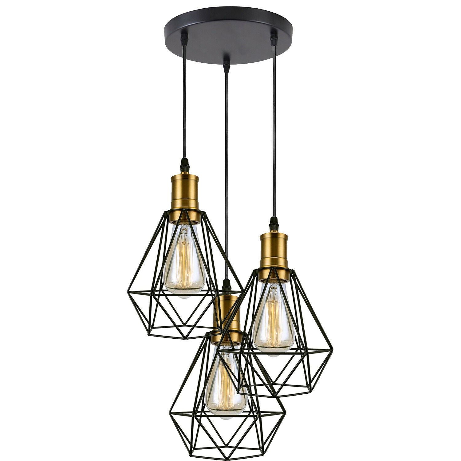 Industrial Retro style 3-Light Pendant lights Adjustable Cord with Diamond Metal Cages~1255 - LEDSone UK Ltd
