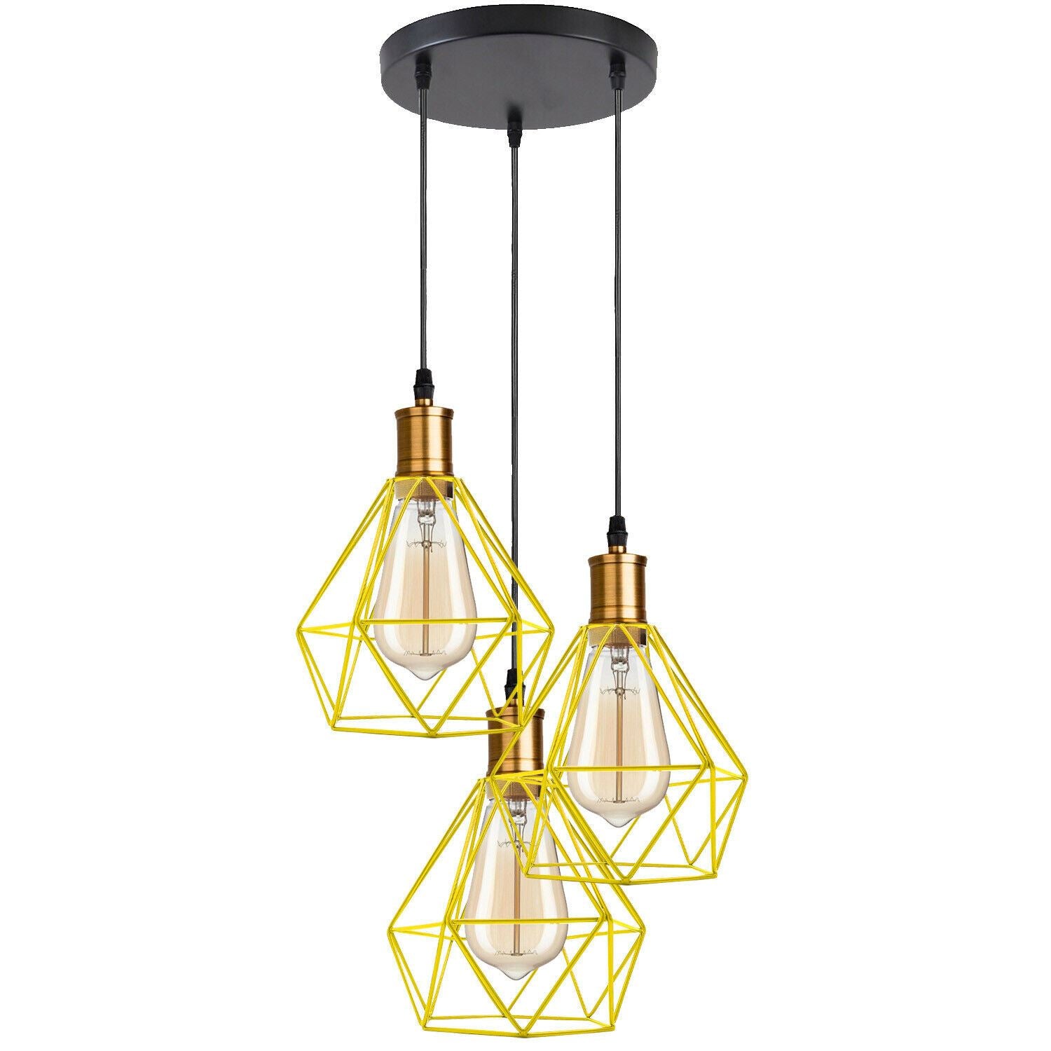 Industrial Retro style 3-Light Pendant lights Adjustable Cord with Diamond Metal Cages~1255 - LEDSone UK Ltd