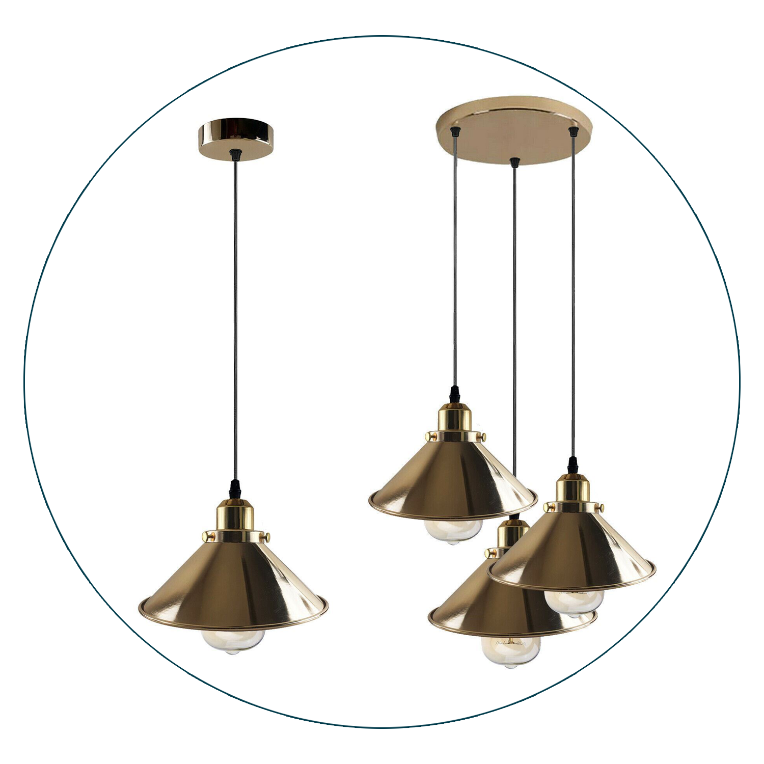 Modern Industrial French Gold Hanging Ceiling Pendant Light Metal Cone Shape Indoor Lighting For Bed Room, Kitchen, Living Room~1171 - LEDSone UK Ltd