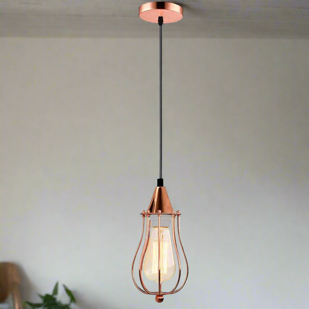 A vintage industrial retro metal cage lampshade hanging pendant light with a warm light bulb, suspended by a black cord, installed in a room with a wooden door and white walls.