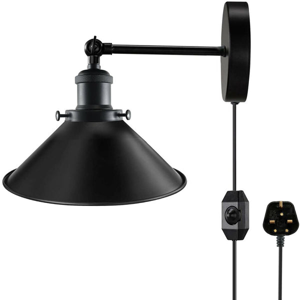 Zwarte plug-in wandfitting kegelvormige metalen kap~1217 – Zonder lamp