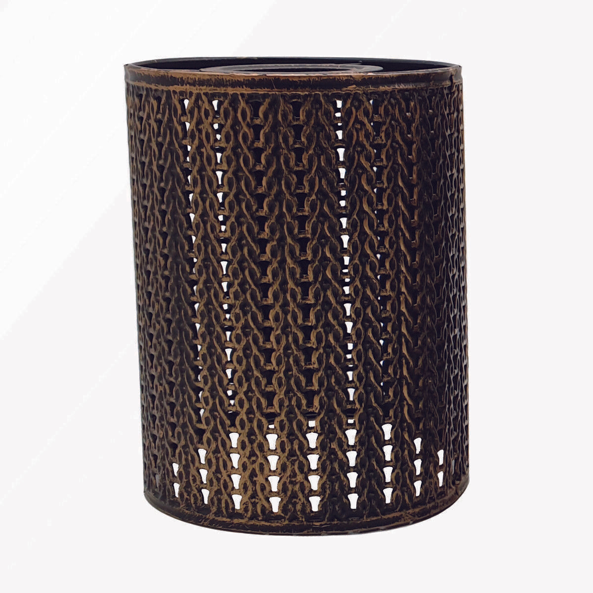 A metal cage lampshade pendant light fixture in a modern style, hanging in a room with a white wall and decorative plants.