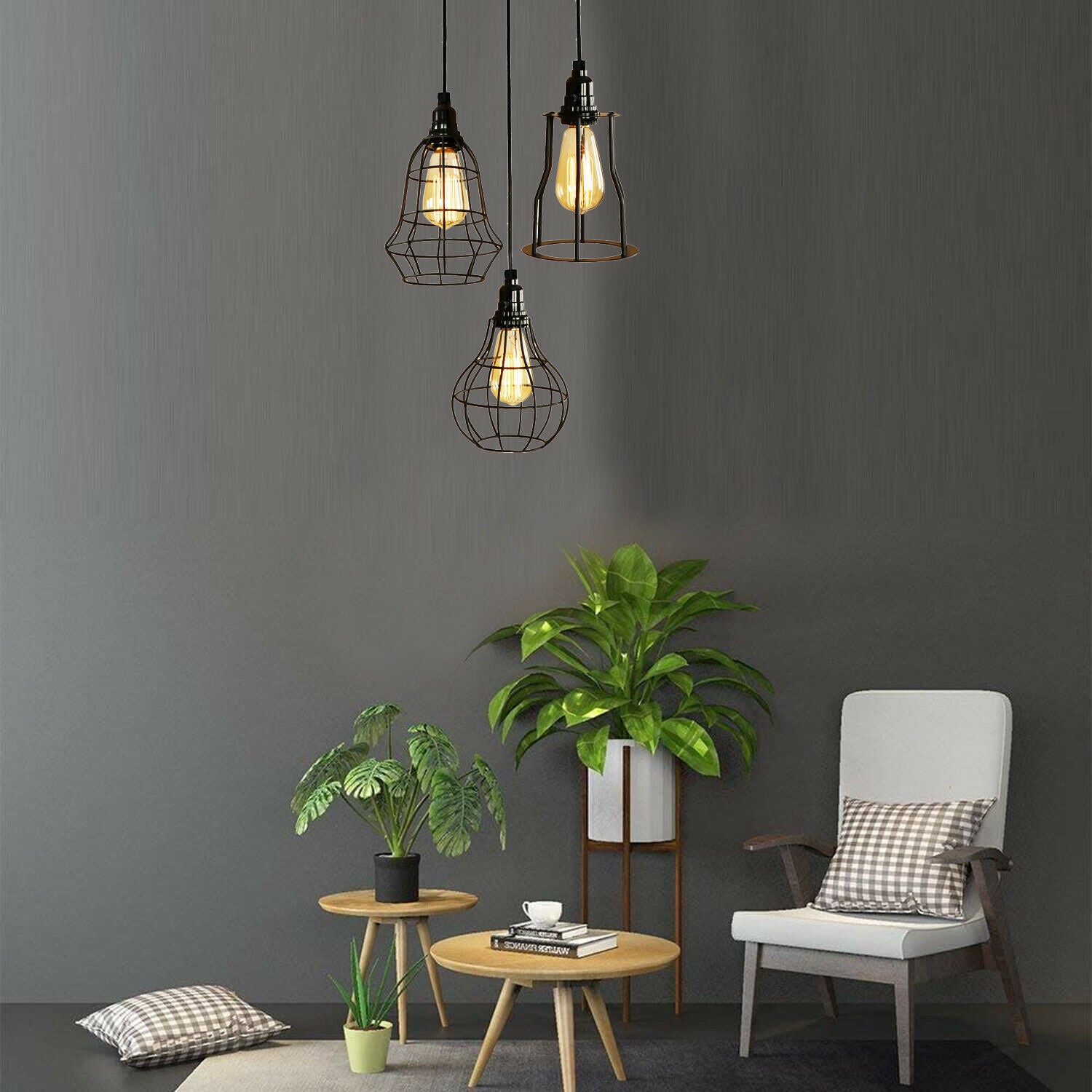 Modern Style 3 point pendant set ceiling light fixture bulb guard cage lights loft hanging set~2012 - LEDSone UK Ltd
