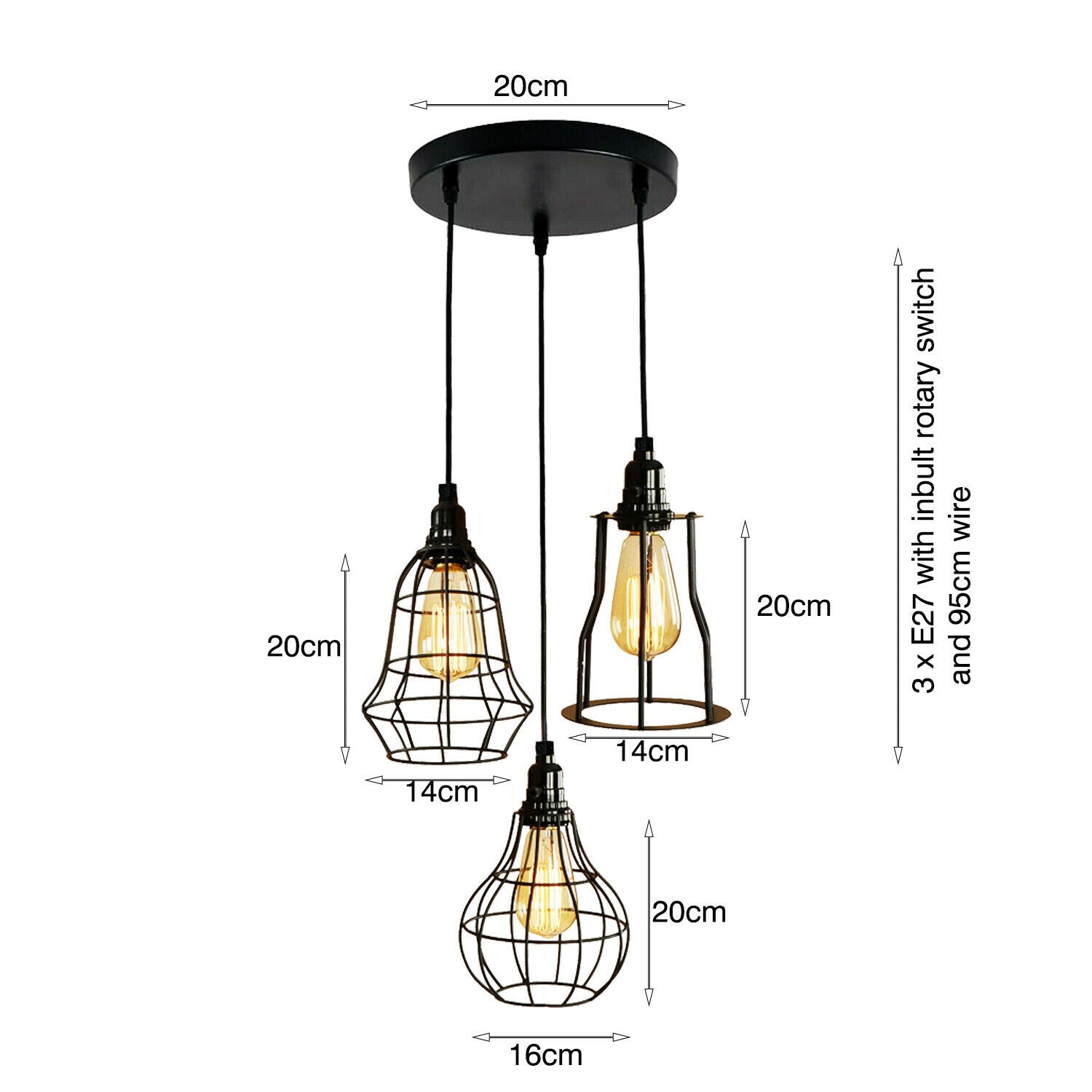 Modern Style 3 point pendant set ceiling light fixture bulb guard cage lights loft hanging set~2012 - LEDSone UK Ltd