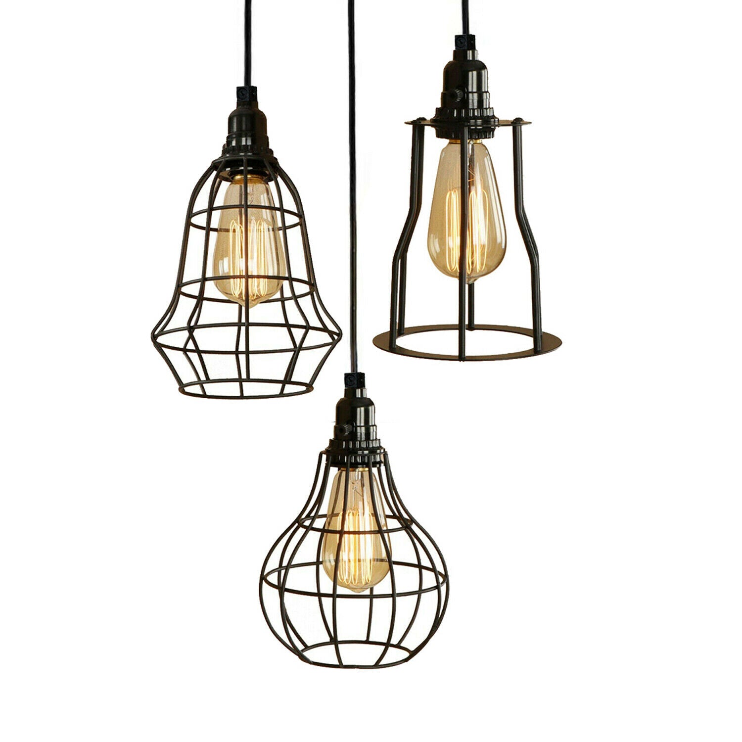 Modern Style 3 point pendant set ceiling light fixture bulb guard cage lights loft hanging set~2012 - LEDSone UK Ltd