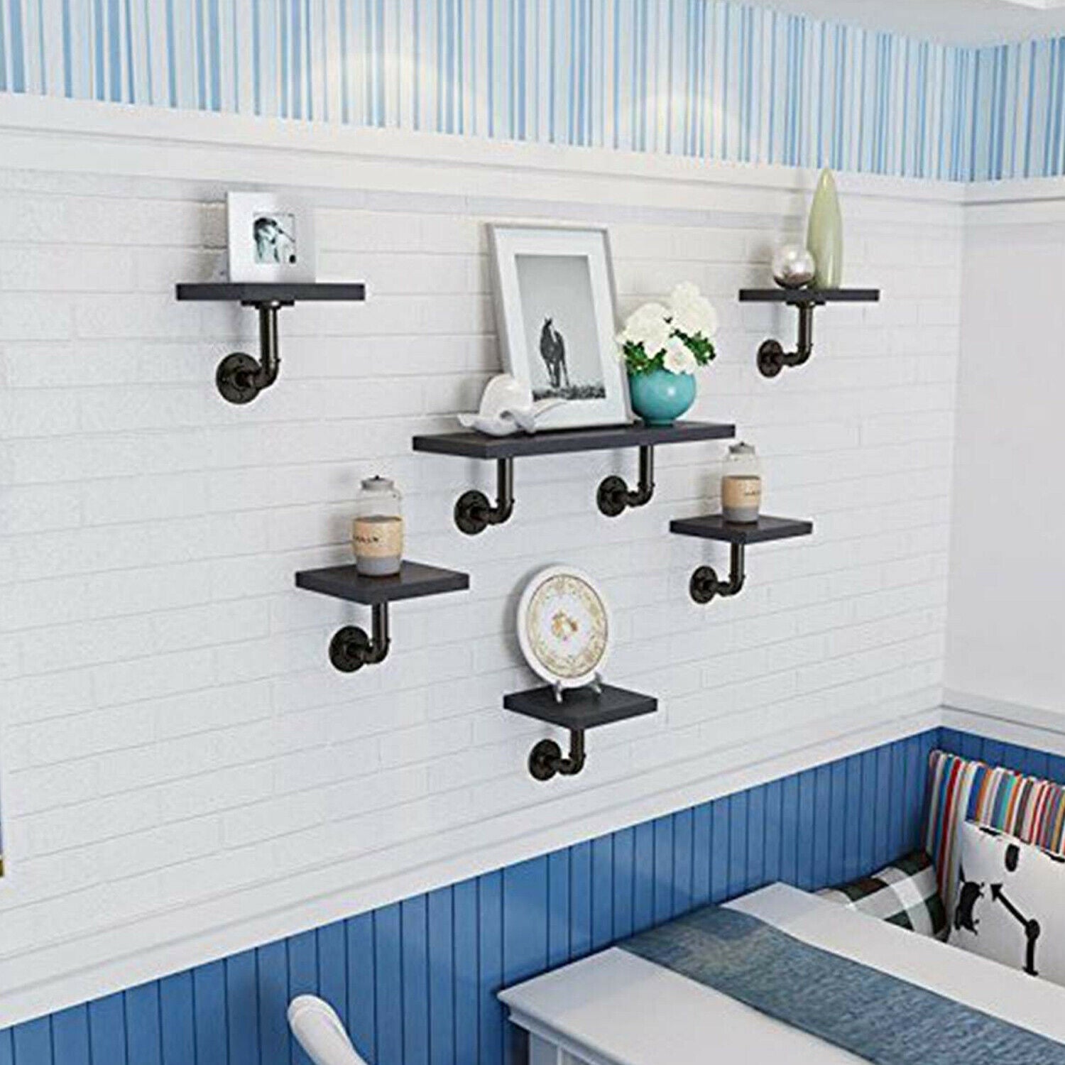 Black Pipe Shelf Brackets Industrial Iron Rustic Wall Floating Shelves Supports~3584 - LEDSone UK Ltd