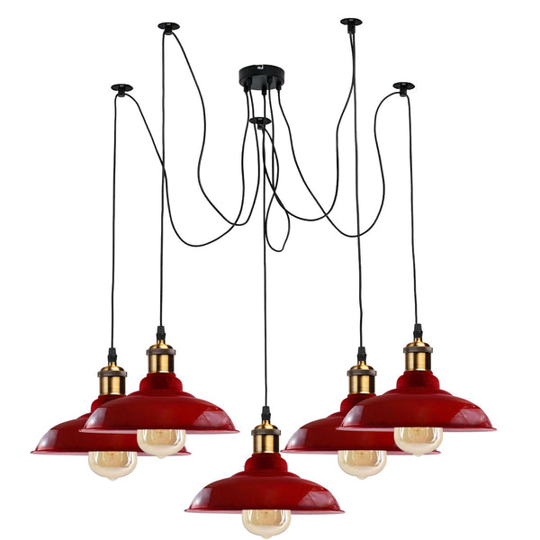 5-weg Spider plafond hanglamp metalen gebogen kap ~ 3399 – Rood / Nee